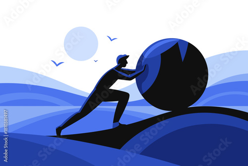 Determined Figure Overcoming Obstacles with a Large Boulder Toward the Summit under a Clear Blue Sky