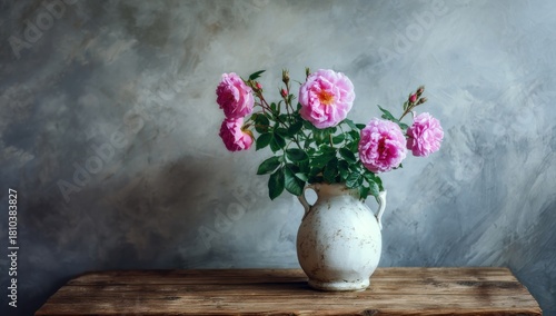 Pink roses in a vintage vase against a textured wall.