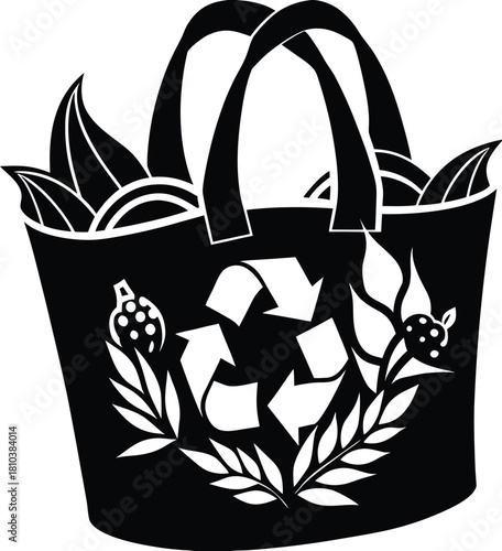 Black and white illustration of a reusable shopping bag with produce, recycling symbol, and decorative