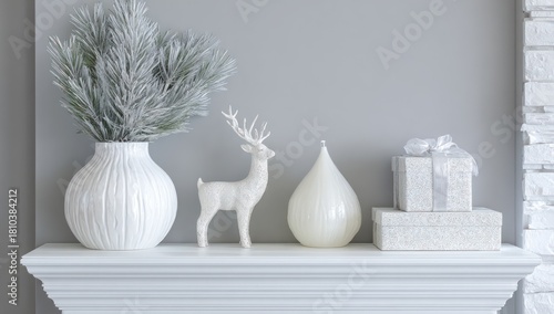 White decorative items arranged on a mantelpiece.