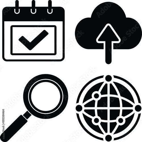 Four Black Icons Calendar Upload Cloud Magnifying Glass Globe check mark tick