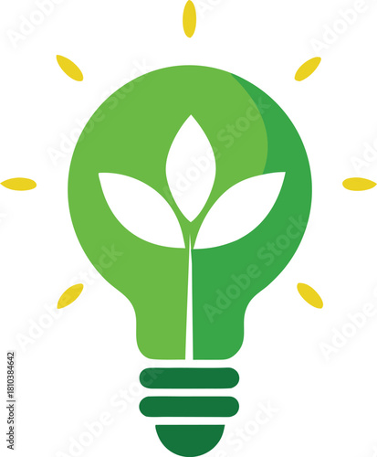 Green light bulb with plant and yellow radiating light on white background sprout leaves