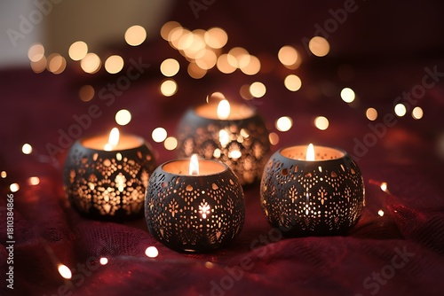 Intricate Candle Holders Glow Warmly Amidst Soft, Bokeh Lights, Creating a Serene Ambiance