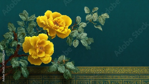 Decorative floral design with gold trim.