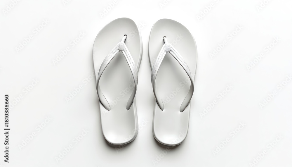 Fototapeta premium Top view shows white flip flops on plain background. Isolated pair of summer footwear perfect for vacation. Casual sandals useful for summer holiday travel to beach sea resort at summertime.