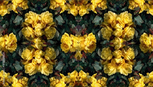A symmetrical pattern of vibrant yellow flowers and dark green foliage.