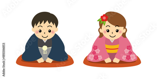 新年の挨拶をする和装の子どもたちのかわいいベクターイラスト