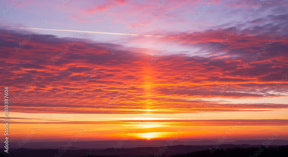 Fototapeta premium Vibrant orange and red sunrise or sunset sky with crepuscular ray