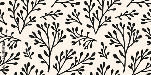 Monochrome vector botanical seamless pattern. Simple floral ornament with flower branches, twigs, leaves, seaweeds, corals. Modern organic background. Black and white texture. Repeating minimal design