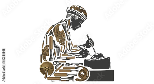 An intricate illustration of a traditional craftsman carving, his body formed by various woodworking and sculpting tools, showcasing the art of manual craftsmanship.