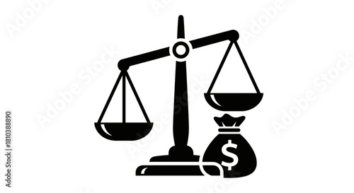 A black and white icon of a balance scale with a money bag on one side, symbolizing justice, finance, or value.