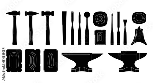 A comprehensive collection of blacksmithing tools and equipment in silhouette on a white background.