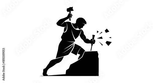 Dynamic silhouette of a sculptor carving a stone block with a hammer and chisel, illustrating creation and craftsmanship.
