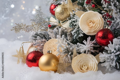 Festive Christmas Tree Decoration with Ornaments and Snowy Background Provides Holiday Cheer 