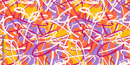 Graffiti seamless pattern. Urban art sport style texture with paint strokes, splashes, lines, tags. Abstract vector funky background. Repeated colorful design for kids, teens, girls, female activewear