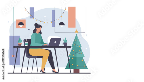 Woman working on a laptop at a decorated desk Christmas tree and lights bring festive holiday atmosphere