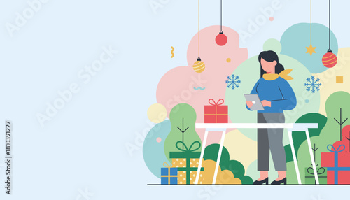 Woman prepares for Christmas using a tablet amidst gifts and seasonal decoration
