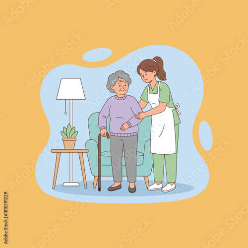 Caregiver assists senior woman with walking at home Home healthcare and elderly support illustration