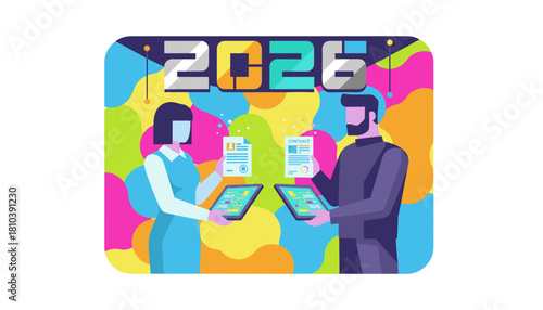 Business partners securing a contract for 2026 using digital technology Future planning illustration