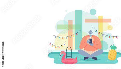 Senior man using smartphone by a festive pool with flamingo float and pineapple Summer digital life