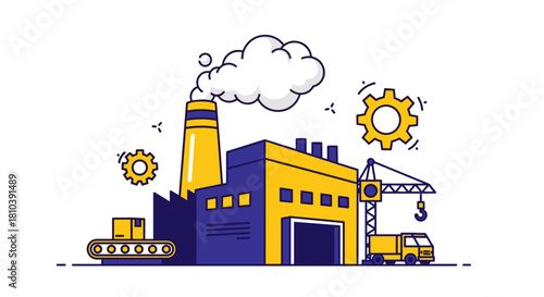 Factory production vector industrial manufacturing building smokestack crane and logistics truck