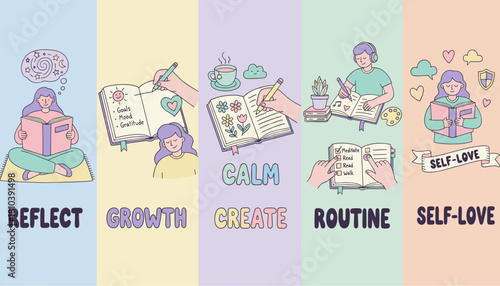 Selfcare routine illustration featuring concepts like journaling reflection growth creativity and selflove