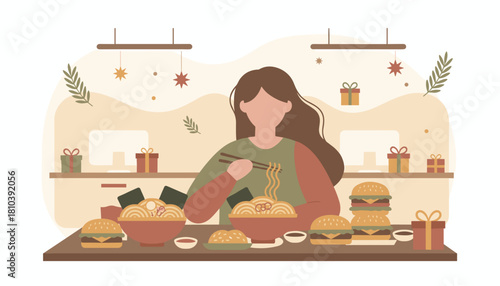 Flat design of a woman eating ramen noodles and fast food burgers at a festive indulgent meal