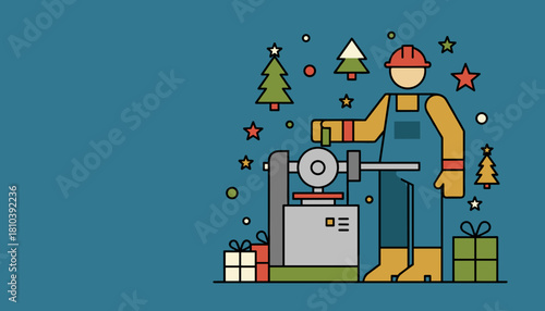 Industrial worker operates machinery during the festive season Production labor and Christmas holiday illustration