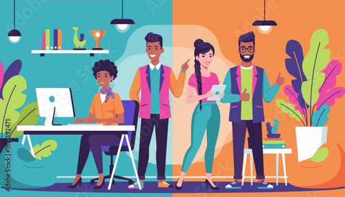 Diverse professional team collaborates successfully in a colorful modern office environment