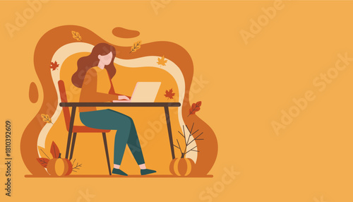 Autumn remote work Woman using laptop at desk with fall leaves and pumpkins