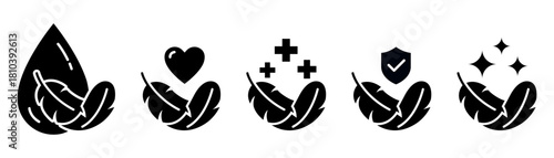 Sensitive skin icon set. Organic cosmetic skin care components for healthy and hydrated skin. Sensitive skin label, logo, badge, sign, symbol, banner, black, line, flat vector, isolated illustration.