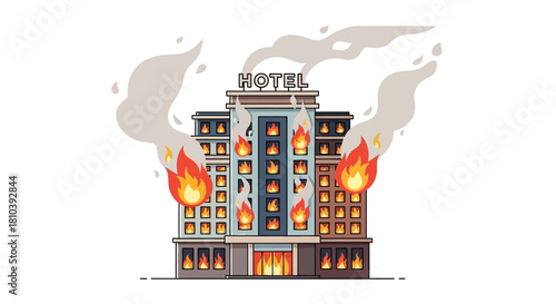 Hotel ablaze with fire and smoke, illustrating crisis and infrastructural threat with visual