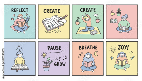 Handdrawn set of selfcare illustrations reflect create pause breathe and joy concepts
