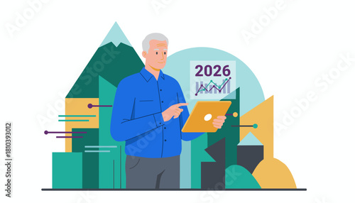 Experienced professional uses tablet for 2026 financial planning and business analysis