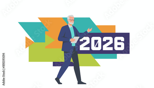 Senior executive and 2026 business plan against a modern geometric background