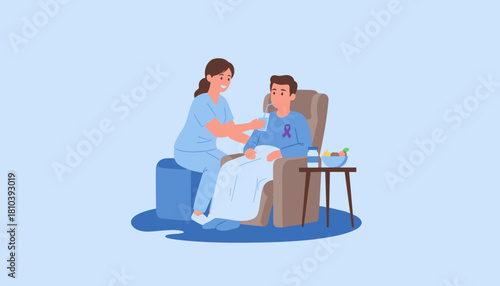 Nurse assisting ill patient with drinking water Home healthcare cancer awareness and medical support