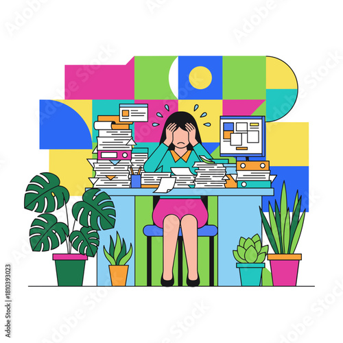 Woman suffering burnout overwhelmed by massive piles of paperwork and deadlines at the office desk