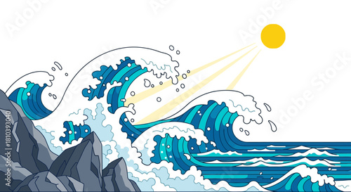 Seaside splash: Dynamic waves crashing against rocks under the sunny sky landscape