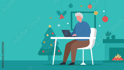 Senior working on laptop from home during the holiday season