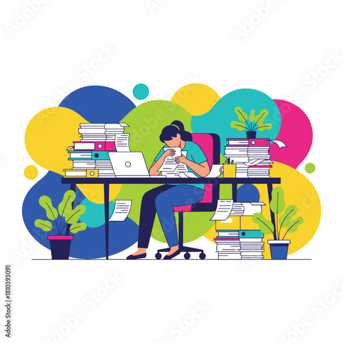 Overworked employee handles massive paperwork stacks Deadline stress and office chaos concept