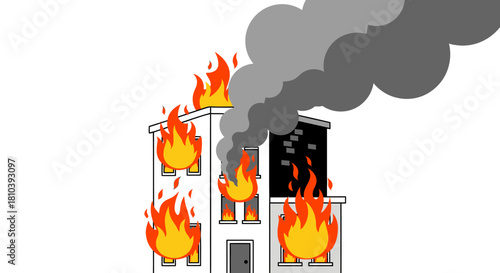 Stylized depiction of a building engulfed in flames with heavy smoke plumes emanating upwards