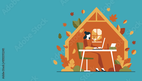 Remote work concept during autumn Woman using laptop inside a cozy home silhouette illustration