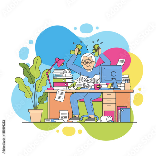 Frustrated senior man overwhelmed by debt taxes and documents holding money in panic