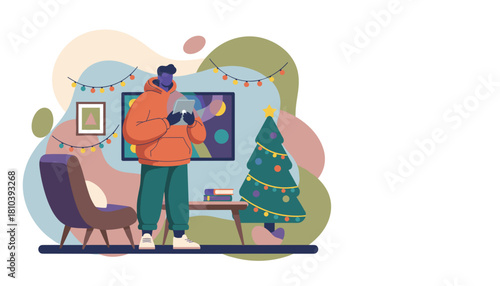 Modern flat illustration of a man using a tablet during the holidays at home