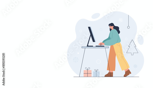 Festive remote work Woman using PC surrounded by winter decorations and gifts