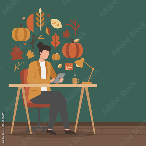 Cozy autumn workspace Woman using digital tablet surrounded by pumpkins and fall leaves