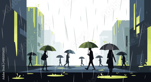 Rainy day city scene with silhouetted people walking under umbrellas illustrating urban life