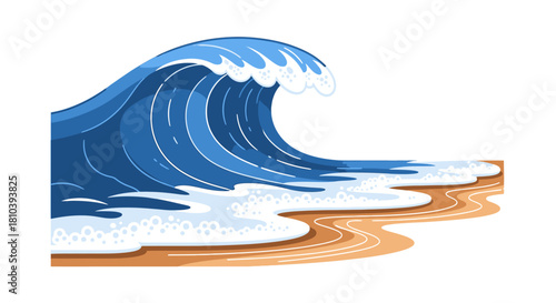 Stylized vector illustration showcasing a dynamic ocean wave meeting the sandy shore
