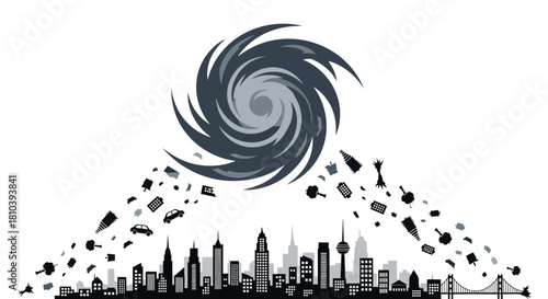 Vector illustration of hurricane devastation over skyline emphasizing extreme disaster impact
