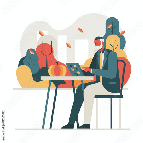 Senior man works on a tablet in an autumnal park setting Remote work illustration